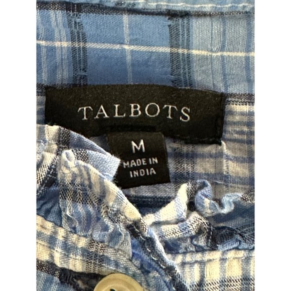 Talbots size M blue windowpane plaid 1/2 button front ruffle collar blouse - Picture 4 of 6